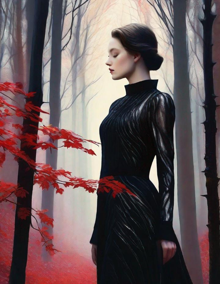 Prompt: A beautiful young lady, beautiful face, wearing opalescent black dress in a ghostly forest of white stem trees with red leaves, god rays through the tees, rim lighting, art by Camille Vivier,  Yves Saint-Laurent, Paolo Roversi, Thomas Edwin Mostyn, Hiro isono, James Wilson Morrice, Axel Scheffler, Gerhard Richter, pol Ledent, Robert Ryman. Guache Impasto and volumetric lighting. 3/4 portrait, Mixed media, elegant, intricate, beautiful, award winning, fantastic view, 4K 3D, high definition, hdr, focused, iridescent watercolor and ink