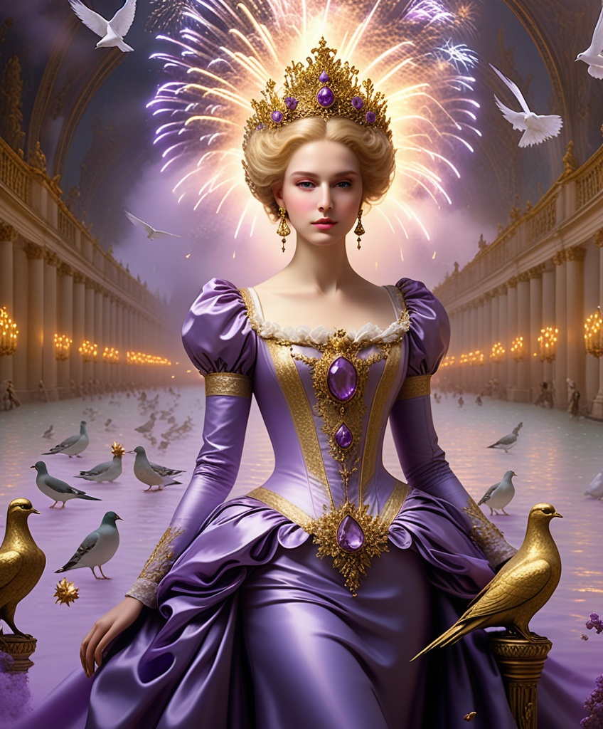 Prompt: The beautiful lady, She is underwater, flood water in Versailles, cat among pigeons, fireworks ethereal fashion holy ark of covenant discovery, gold gilded details I feel the lavender haze creepin' up on me , shimmering, photography by annie leibovitz, Ori Gherst,Animorphia - Kerby Rosanes, James christensen , 16K HD, sharp focus, attention to details 