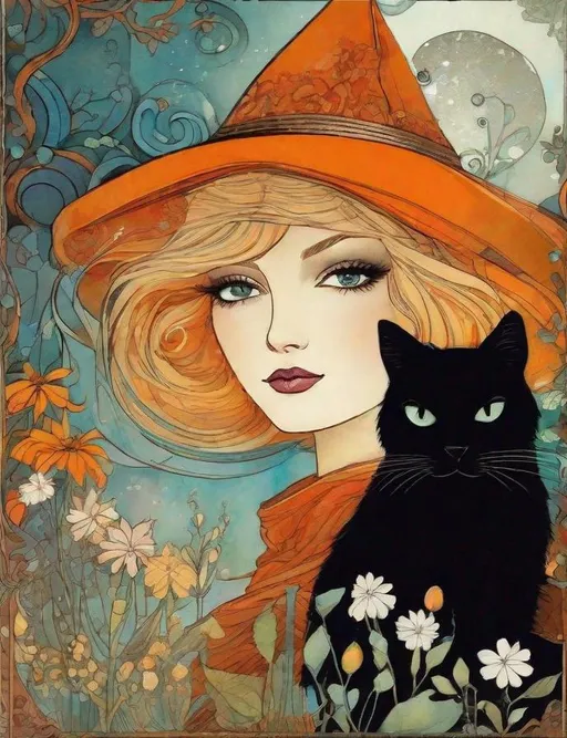 Prompt: A mesmerizing witch with pretty face and beautiful green eyes surrounded by magical flowers and her black cat art by Anna and Elena Balbusso, Marc Allante, Charles Robinson, pol Ledent. inlay, watercolors and ink, beautiful, fantastic view, extremely detailed, intricate, best quality, highest definition, rich colours. intricate beautiful, award winning fantastic view ultra detailed, 3D high definition