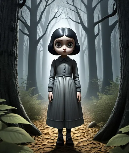 Prompt: a sisyphean girl in a forest with large eyes, in the style of ghostly forms, electric optical illusions, daz3d, eric ravilious, hellish background, haunting figuratism, trapped emotions depicted, chibi style