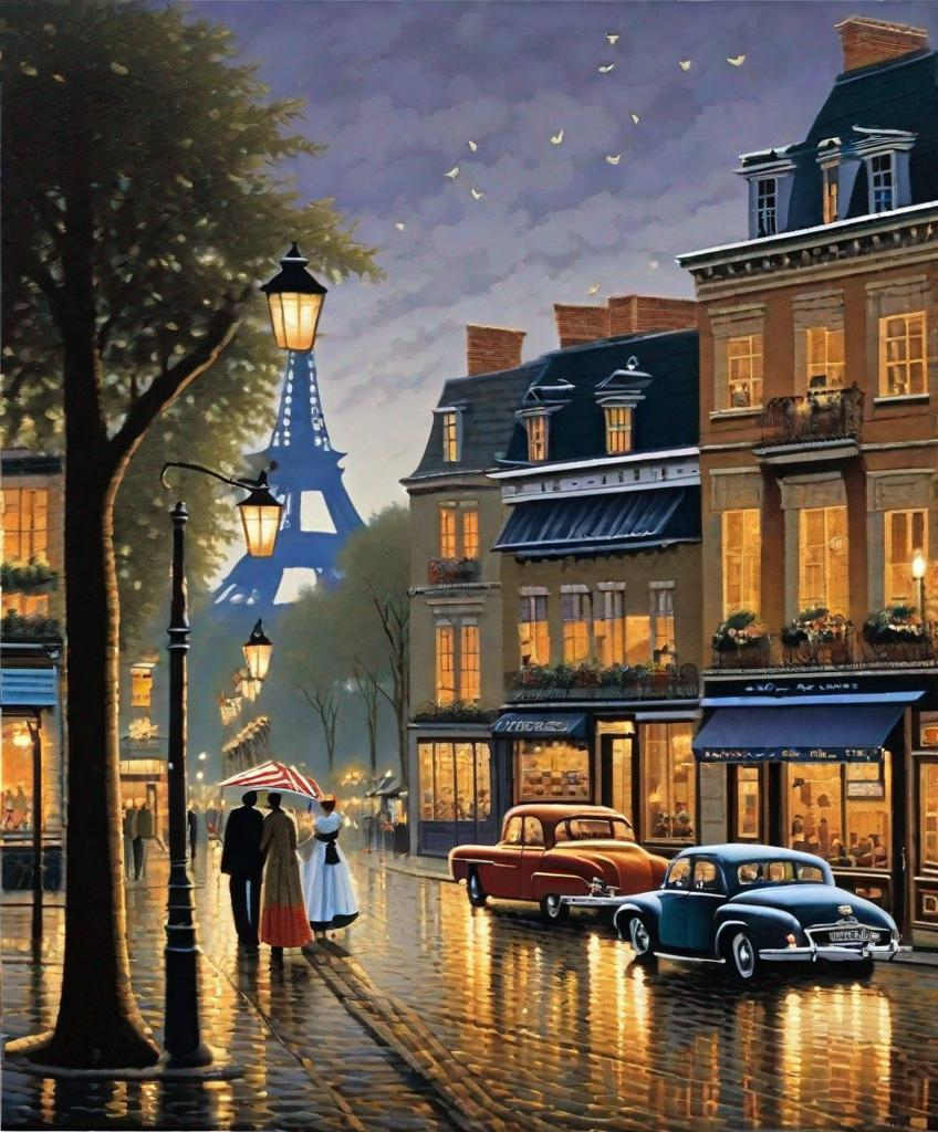 Prompt: art by Charles Wysocki, gait evening romance sounds of music in Paris