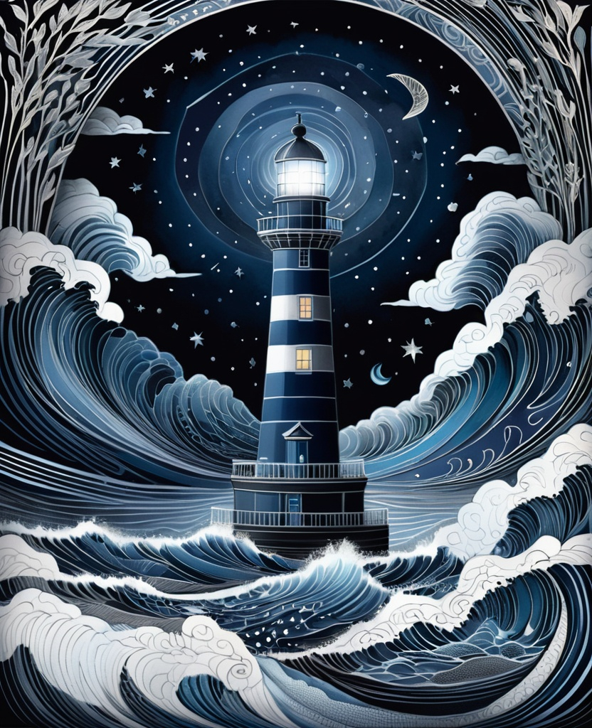 Prompt: night time drawing drawing lighthouse in the void, in the style of intricately detailed patterns, light indigo and silver, jane newland, precise nautical detail, spectacular backdrops, palewave, cosmic symbolism 