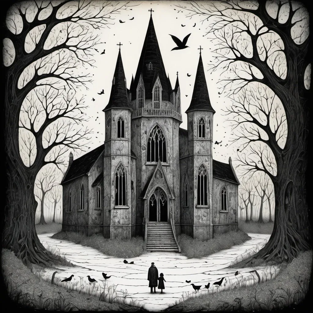 Prompt: All that's left is their love by Eduard Gorey, Gemma Correl, Don Hertzfeldt. Spot selective coloring, encaustic gothic style, intricate, super detailed.