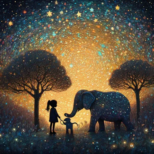 Prompt: The little native cute girl holding her star magical stick and her cute elephant friend. In style of james r eads and Sam Toft. Naive art, 3d, extremely detailed, intricate cinematic lighting, high definition 