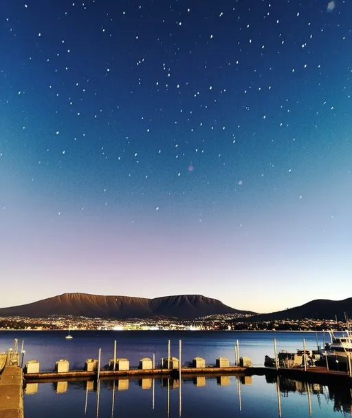 Prompt: I'm so sad waiting for you in the rain He will return like in a dream Bad dream Will let us be close to each other But the dream flew away His heart changed Only you are left with your ambiguous love::1 hot vs cold night sky in Hobart harbour with view of mount Wellington 