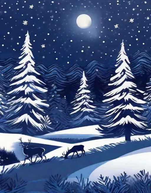 Prompt: christmas card winter scene in dark idigo blue ink, indigo night sky, snow-covered spruce trees, foreground reindeer, style of van gogh starry night