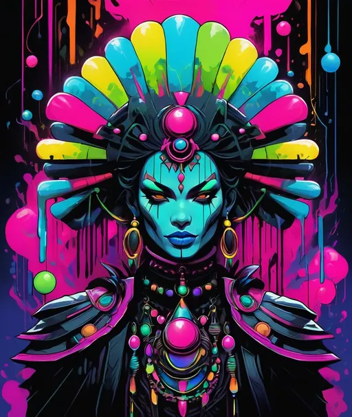 Prompt: sartorial cell shaded victoriancore shaman, she is a mysterious beautiful dark villain and rebell. excessive molecular bubble gum elements coloring, wild artful toxic neon biomechanic urban art smooth and elegant deep emotions strong expressions, negative space colorful ink painting