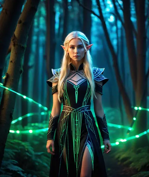 Prompt: beautiful blond female elf suited in a sartorial dark cotton dress sewn in fiberglass lighting strips leave pattern holographic neon colors mystical dream vision dark forest scene