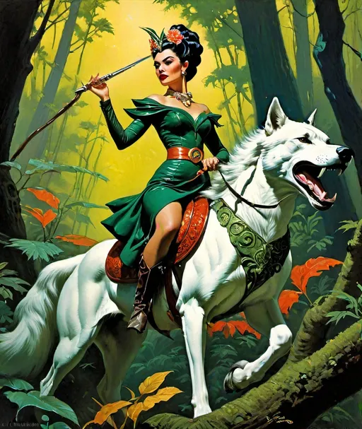 Prompt: Beautiful elf Sorceress riding a worg. Sartorial elegance. Glitz. Detailed hyperrealistic pulp illustration. Confidence. Swagger. Polished. Energy. Movement. Eyeliner. Mascara. Lipstick. Art by Gil Elvgren, Philippe Druillet, Frank Frazetta, Gustav Klimt. Frida Kahlo. Dark forest.