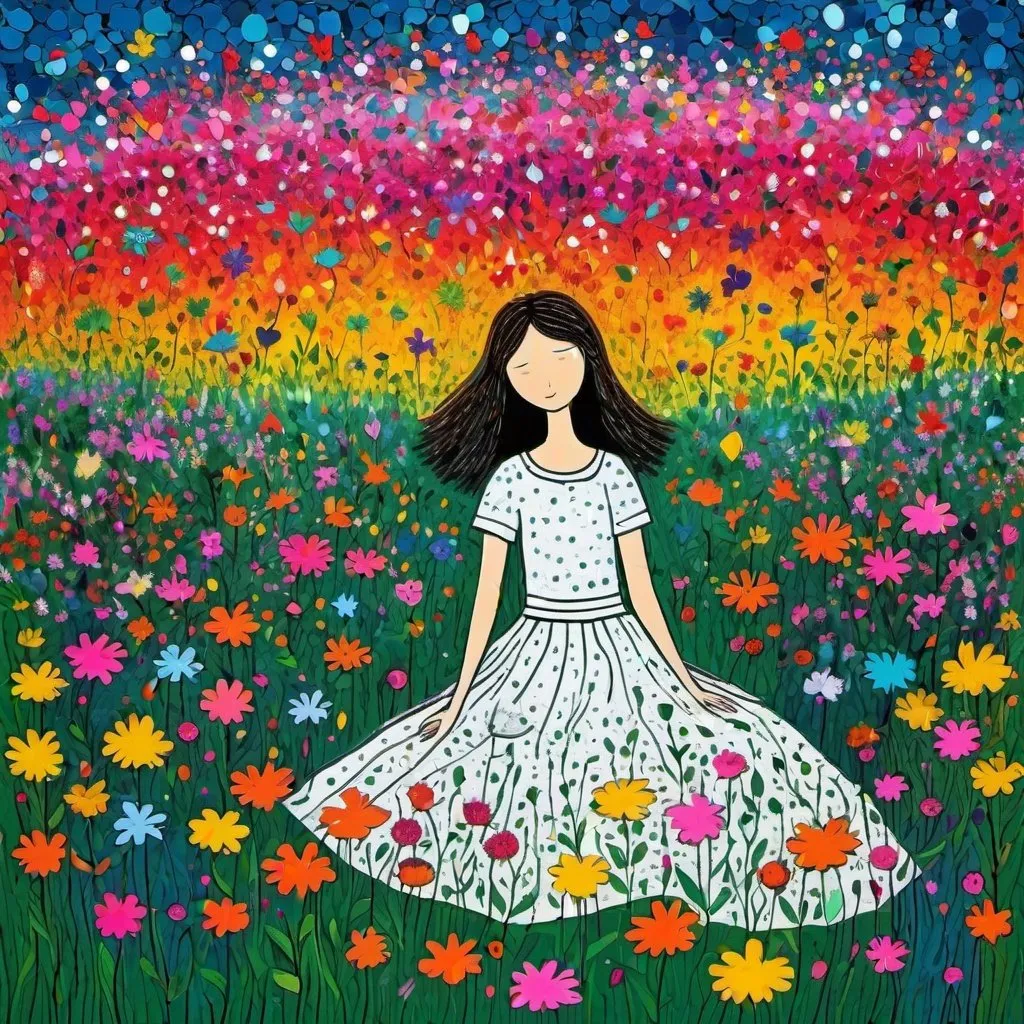 Prompt: Style By Don Hertzfeldt: Waking up in spring, a beautiful girl in a bed in the middle of a whimsical field of flowers, a vivid explosion of colors and visual stunning sensations, naive art, impasto, 