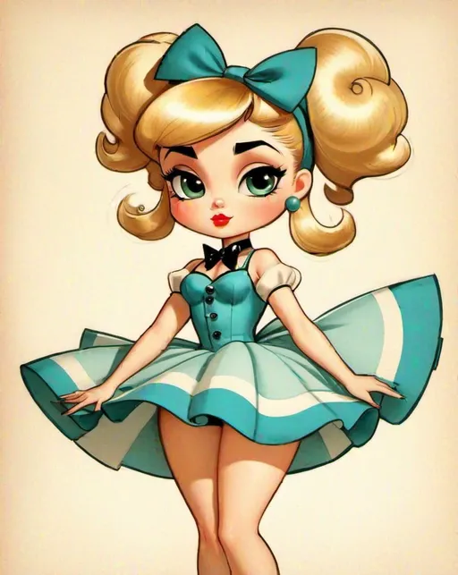 Prompt: chibi pin up in the style of powerpuff girls, Alberto Vargas, sartorial:: manga pin up in the style of powerpuff girls, Alberto Vargas, sartorial