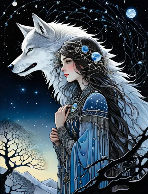 Prompt: the wolf of winter and the patchwork girl, a patchwork girl embracing the wolf, constellations, quiet and sad, Fantasy art by arthur rackham, by virginia frances sterrett, intricate detail, moonlight, color infrared photography, trending on artstation, stars, by gustav klimt, 16k, barbed wire constellations 