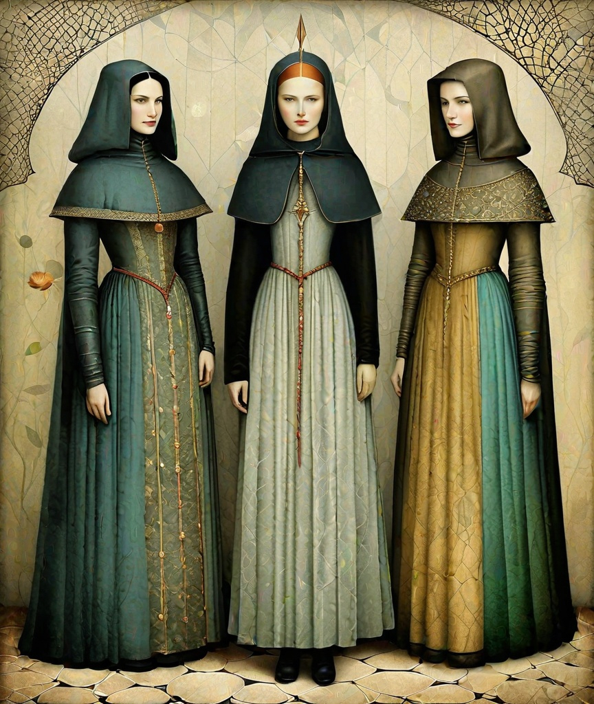 Prompt: beautiful medieval grunge ladies, full length pic , Eva Hesse, Liniers, Catrin Welz-Stein