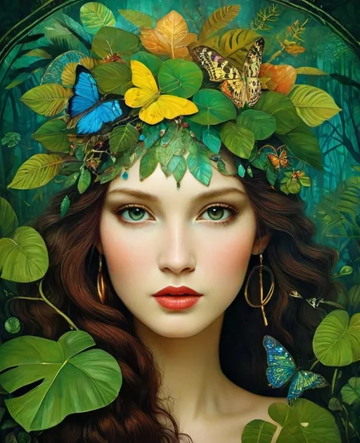 Prompt: deep jungle wild girl inspired by Catrin Welz - Stein, Victor Nizovtsev, Gustav Klimt, highly detailed and elegant painting, organic surrealistic shapes, exquisite composition, intricate detail, ultra maximalism