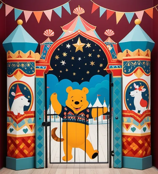 Prompt: Pooh bear climbing gate to the Moscow circus with giant animals , in the style of chalcedony folk art-inspired illustrations, bold patterned quilts, pastel colours, bloomcore, mixes painting and ceramics, precise, detailed architecture paintings, cute and dreamy, illustration by Olivia Gibbs, Victoria Ball, ugly sweater patchwork 