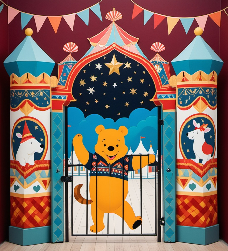 Prompt: Pooh bear climbing gate to the Moscow circus with giant animals , in the style of chalcedony folk art-inspired illustrations, bold patterned quilts, pastel colours, bloomcore, mixes painting and ceramics, precise, detailed architecture paintings, cute and dreamy, illustration by Olivia Gibbs, Victoria Ball, ugly sweater patchwork 