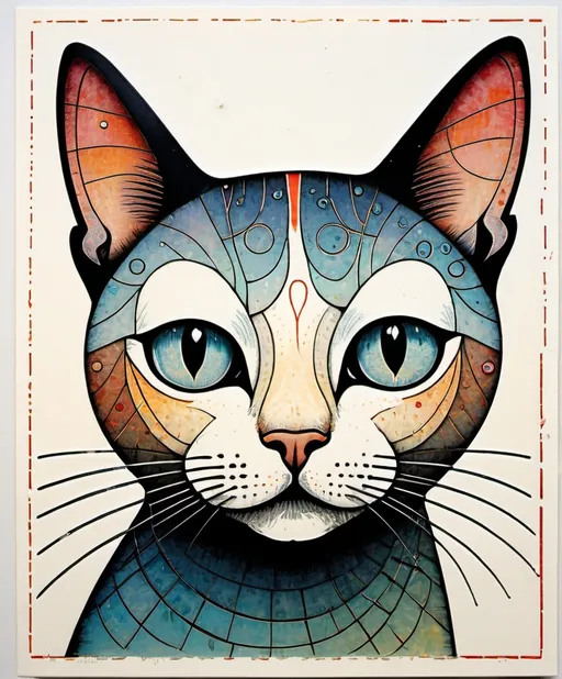 Prompt: Lithography print, intricate fine lines, gradient crossed colors, a whimsical beautiful cat, piercing odd colored eyes, Marc Johns, Javier Mariscal, Charles Rennie Mackintosh  style, encaustic texture.
