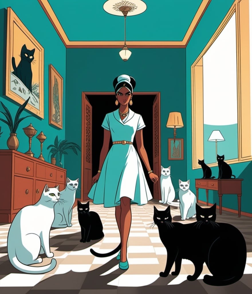 Prompt: A digital illustration in a stylized, flat color design. The scene is set in a room with a teal color scheme. There is a woman in the center walking to the right. She has a slender silhouette, wears a white dress, and her hair is styled in a bun. Around her are numerous cats in various poses, some sitting and some in motion, all depicted as solid black silhouettes with minimal detail. The furniture is white, contrasting with the teal background, and includes a dresser, lamps, and pictures frames. Shadows are sharply cast on the floor, which has a checkerboard pattern in teal and white."There’s no such thing as an unreasonable amount of cats!" hisses Bastet, cat-headed goddess, enraged. She unleashes an unstopabble, imminent, crushing avalanche of cats, towards the camera. Golden eyes, undulating felines, chaos, mayhem, tsunami of fur, feline frenzy. mawhrin_skel mahwrin_skel. epic full-page graphic novel panel with an unreasonable amount of cats, warm desert hues, trippy, psychedelic, mild horror, threat, frenetic, 2d, flat, superflat, retro comics style, graphic novel spread, pure rage, ancient egypt details and environment 