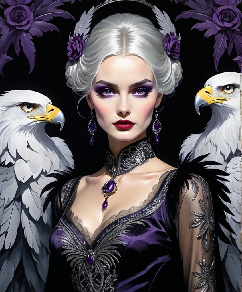 Prompt: Use style of Kees van Dongen, Mark Knight, Omar Galliani, Maciej Kuciara, Jean-Sebastien Rossbach: Dim lighting, Gloomy atmosphere, Gothic pale woman with dark silver hair and violet eyes, surrounded by a circular formation of nine realistic, solemn big eagles with detailed feathers. The woman is centered and wears a long lace black dress with a high neck and long sleeves. Her attire includes an intricate golden embroidery with an elaborate design. The background is a smooth, dark gradient with subtle golden elements that echo the top arch of a halo or ornate frame.
