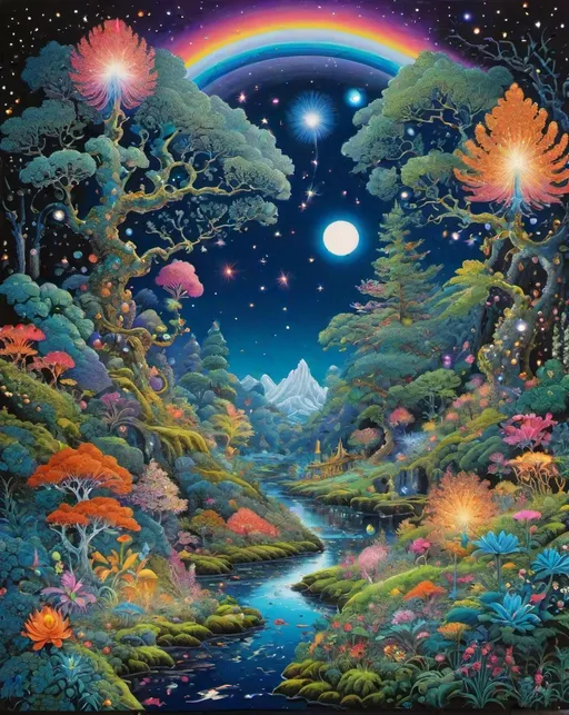Prompt: psychedelic will-o'-the-wisp art work by Raqib Shaw + 2d artwork + very colorful