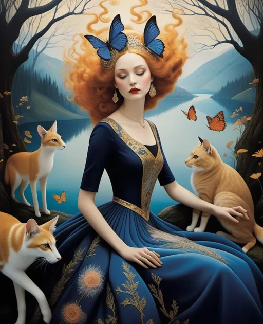 Prompt: Style by Laurie Simmons, Victor Nizovtsev, Gustav Klimt, Anastazja Markowicz, Erwin Blumenfeld, Meret Oppenheim, Yoann Lossel, Dan Hillier, Peter Lippmann, Abigail Larson, Catrin Welz-Stein: The wandering beautiful mythical  mage, she sings a whimsical tune to enchant the animals, whimsical landscape, Vivid warm colors (use colors like: peach, indigo, purple, yellow), beautiful, dreamy. 