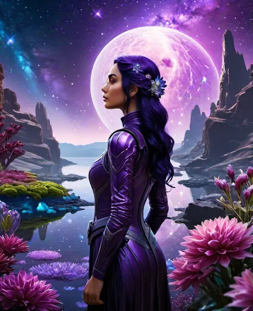 Prompt: on a far off planet in the andromeda galaxy, a young, voluminous star seed woman with dark purple hair is in her mysterious gantry garden. There is a lake of melted crystals flowing behind her as she tends to the other worldly flowers and plants that bloom. Hyper realistic. Different views