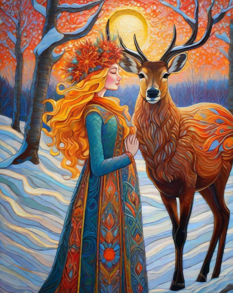 Prompt: A very beautiful lady, fawncore, winter sunrise, praise the sun, textured painting, impasto, fauvist, magical realism style, art by  Emily Balivet, Del Kathryn Barton, Elsa Beskow