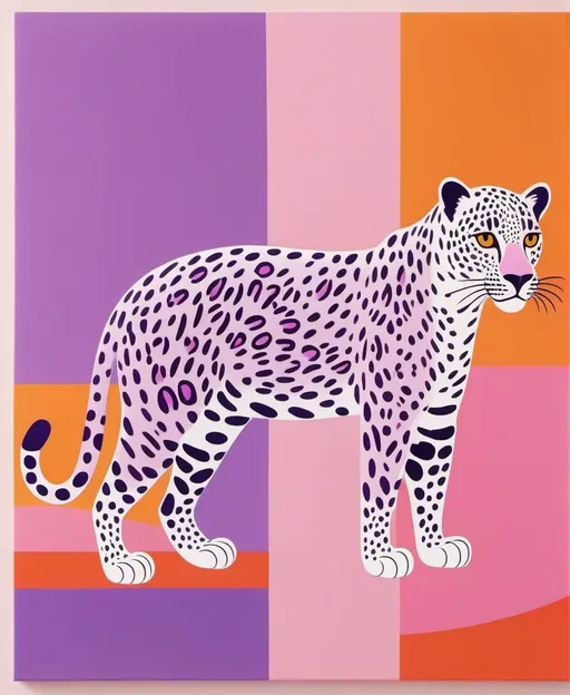 Prompt: Style of artist Henri Matisse, schematically depicted Curved shape, easily recognisable single figure of a spotted leopard, simple lines and stripes in bard on a dopamine background, plus a background of purple stripes, dopamine colour, pink, orange and lettuce, Henri Matisse style, minimalist style, dopamine colour