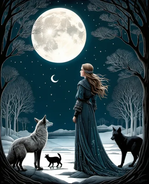 Prompt: She is a mysterious Lady of the moonlight night surrounded by animals style of Daarken, Jessica Durrant, Sophie Delaporte, Charles Maurice Detmold, Robert Gillmor, Amy Giacomelli. Cold Chrome colors tone, Extremely detailed, intricate, beautiful, 3d, high definition
