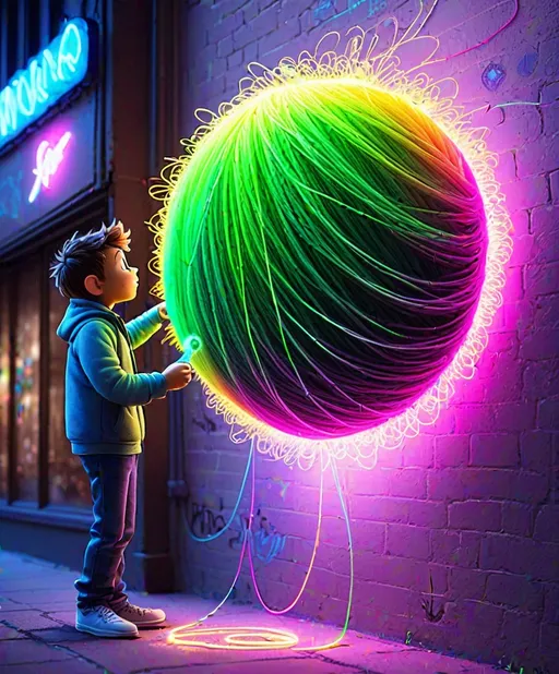 Prompt: a pixar style cartoon but made for adults of a skinny thug creature spraying graffiti string at a wall and painting a string wool artwork out of neon silk glow worm thread, light artwork