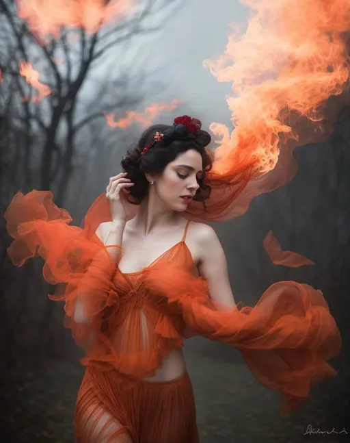 Prompt: Her soul is in flames, a beautiful woman carries a secret, art by Sarah moon, Lillian Bassman, Rimel Neffati, Saul Leiter, Mandy Disher, Agnieszka Lorek, Anka Zhuravleva, 3D image effects , intricate beautiful award winning fantastic view ultra detailed high definition focused