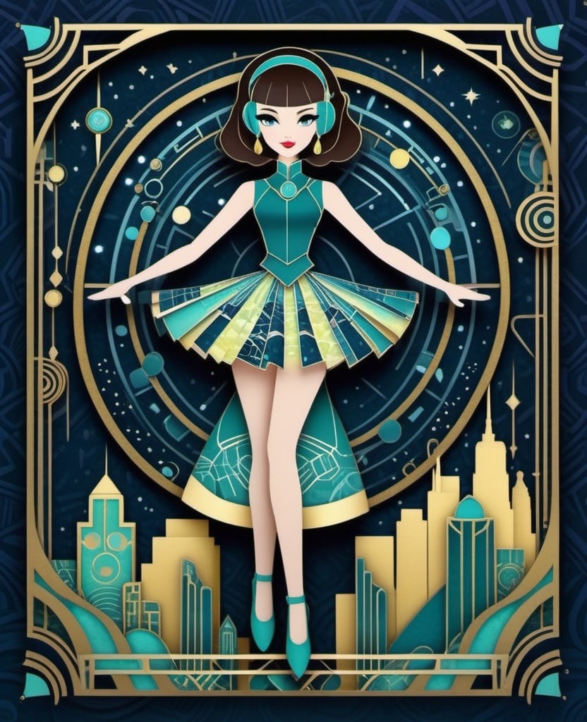 Prompt: Magus style, retro-futurism, pastiche in the style of Brittney Lee and Mary Blair, dynamic pose, patterned scrapbooking paper craft inspired, patterned paper piecing, intricate art deco circuit frame border, cyberpunk palette, sparklecore, glittercore, two legs 