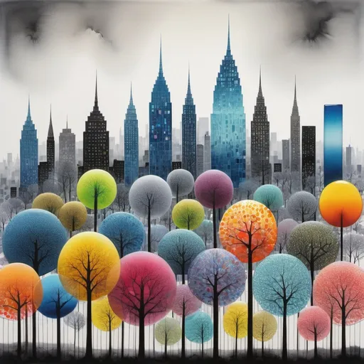 Prompt: A beautiful dreamy city , tall buildings with whimsical fused glass trees Illustration art by Carsten Meyerdierks, Marimekko, Lee Madgwick, Ryan McGinness, Mary Fedden, Yvonne Coomber. 3d, watercolors and ink, beautiful, fantastic view, extremely detailed, intricate, best quality, highest definition, rich colours