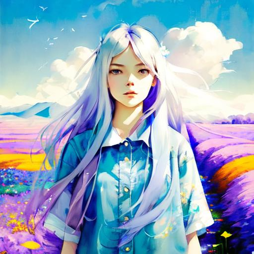 Prompt: A very pretty dreamy girl, beautiful face, upturned hazel eyes, long floating ombre platinum silver and blue hair in a field of flowers art by Lin Fengmian, Anna dittmann, Justin Gaffrey, John Lowrie Morrison, Patty Maher, John Ruskin, Chris Friel, van Gogh, Valerie Hegarty, endre penovac. 3d, soft colors watercolors and ink, beautiful, fantastic view, extremely detailed, intricate, best quality, highest definition