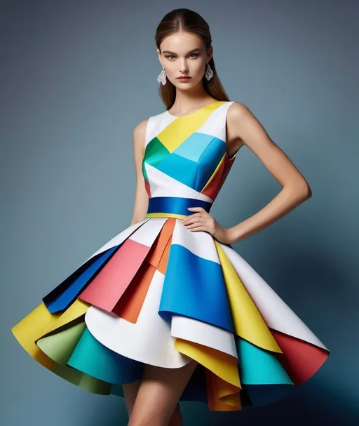 Prompt: Top model with a paper dress, Christian Dior Dress, chromatic colors, photorealistic picture, Burton Morris and Aley Lehour 