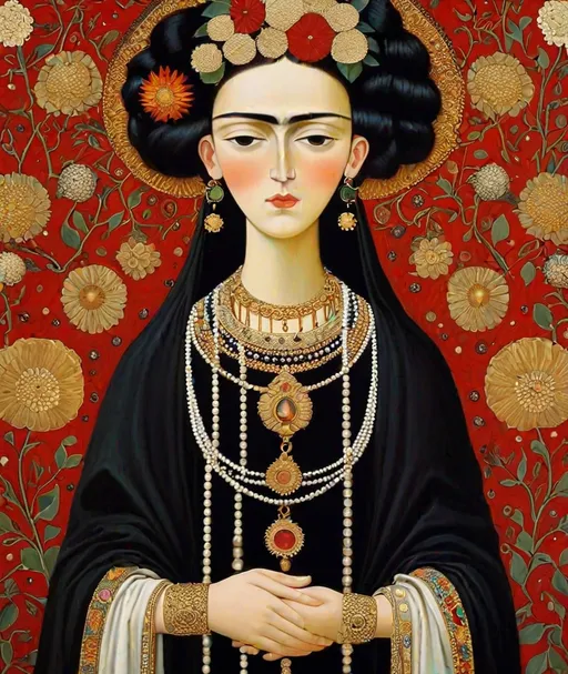 Prompt:  holy Virgin , silk and pearls, Judith and the Head of Holofernes, *sartorial*, by Gustav Klimt. Frida Kahlo