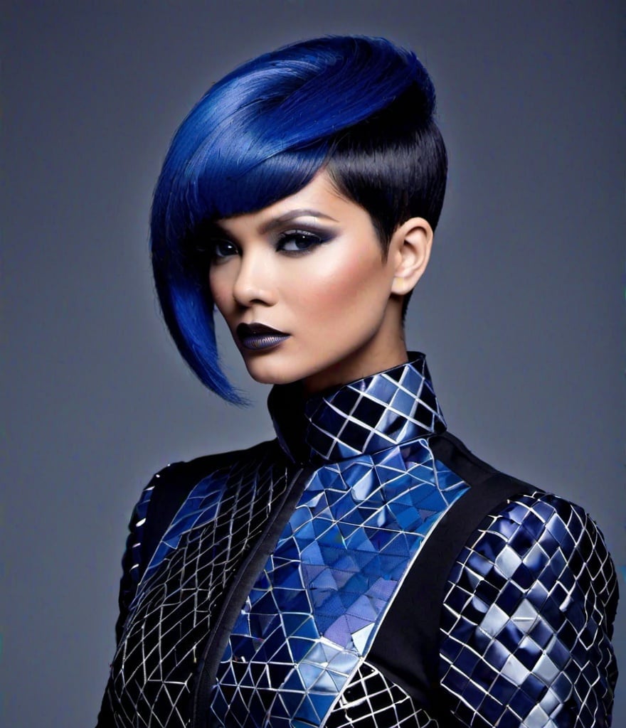 Prompt: a highend photoshoot for international hair dressing awards, background is smooth dark grey, beautiful woman with avant-garde haircut by jose garcia benitez, her styling is done by eunnis mesa, her hair are cobalt and charcoal gradient colours by Ceri Cushen, she is wearing a beautiful high quality outfit inspired by geodesic, taken on Pentax 645N camera with Carl Zeiss Distagon T* 15mm f/ 1. 2 lens. 