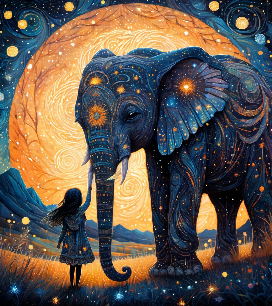 Prompt: The native american pretty girl wearing her starry clothes with her cute elephant friend. In style of james r eads,  Sam Toft, Anna dittmann, Justin Gaffrey, John Lowrie Morrison, Patty Maher, John Ruskin, Chris Friel, van Gogh. 3d, extremely detailed, intricate cinematic lighting, high definition 