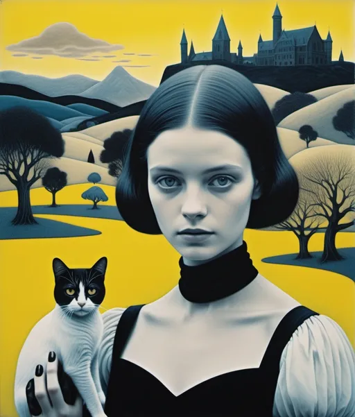Prompt: Gum Bichromate technique, Ghostly eccentric young lady, wearing a strange asymmetrical black dress with white random stitches, she is holding a creepy cute yellow cat, Vladimir Tretchikoff, Ruben Ireland, Paolo Uccello, a surreal dreamy landscape background by Sam Chivers, piercing odd colored eyes