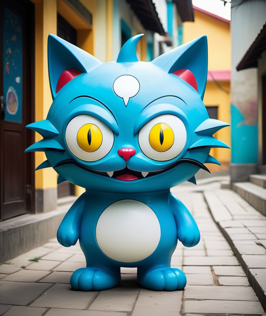 Prompt: doraemon style magical monster, big sparky eyes cat monster, fantasy in the style of soft pastel scenes, street art figuratives, nostalgic subjects, sumatraism, shiny eyes, bhupen khakhar, minimal background