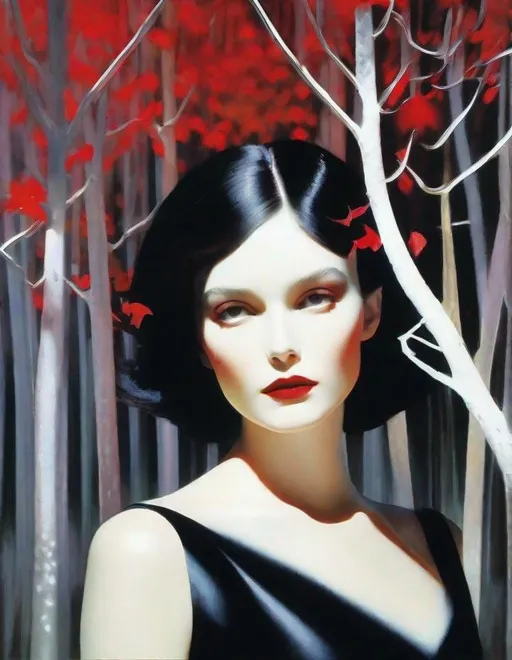 Prompt: A beautiful young lady, beautiful face, wearing opalescent black dress in a ghostly forest of white stem trees with red leaves, god rays through the tees, rim lighting, art by Laurie Simmons,  Yves Saint-Laurent, Paolo Roversi, Thomas Edwin Mostyn, Hiro isono, James Wilson Morrice, Axel Scheffler, Gerhard Richter, pol Ledent, Robert Ryman. Guache Impasto and volumetric lighting. 3/4 portrait, Mixed media, elegant, intricate, beautiful, award winning, fantastic view, 4K 3D, high definition, hdr, focused, iridescent watercolor and ink