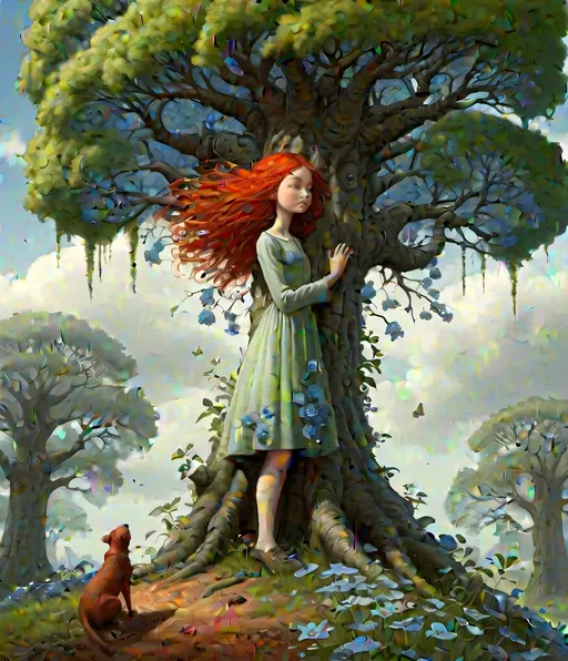 Prompt: anthropomorphic, tall green tree with blue flowers, good tree with friendly face, carrying the lonely pretty brave girl, wild red hair, grey eyes in it branches concept art by igor morski , John Leech, Arnold Lobel, John Kenn Mortensen, Marjorie Miller, jean Baptiste monge, Kelly McKernan, imaginative, beautiful, colorful, extremely detailed, intricate, lovely, award winning fantastic