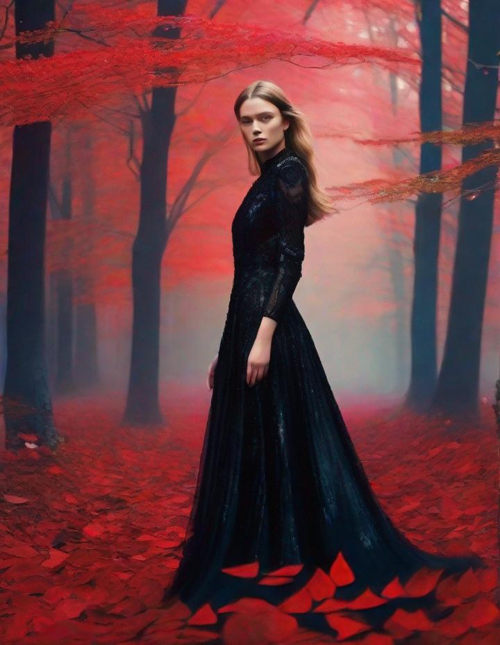 Prompt: A beautiful young lady, beautiful face, wearing opalescent black dress in a ghostly forest of white stem trees with red leaves, god rays through the tees, rim lighting, art by Mario Sorrenti,  Yves Saint-Laurent, Paolo Roversi, Thomas Edwin Mostyn, Hiro isono, James Wilson Morrice, Axel Scheffler, Gerhard Richter, pol Ledent, Robert Ryman. Guache Impasto and volumetric lighting. 3/4 portrait, Mixed media, elegant, intricate, beautiful, award winning, fantastic view, 4K 3D, high definition, hdr, focused, iridescent watercolor and ink