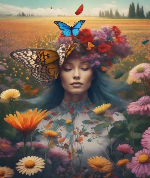 Prompt: a realistic picture of a buterfly with a human head and human atributes flying in a flower field