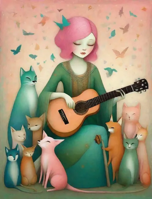 Prompt: The wandering girl wizard, with wild ombre gradient pink blue hair , plays a whimsical tune on her guitar, wearing a green and peach colored dress, surrounded by cute animals, STYLE: by Gabriel Pacheco, by Catrin Welz-Stein, by Kathleen Lolley, by Tara McPherson