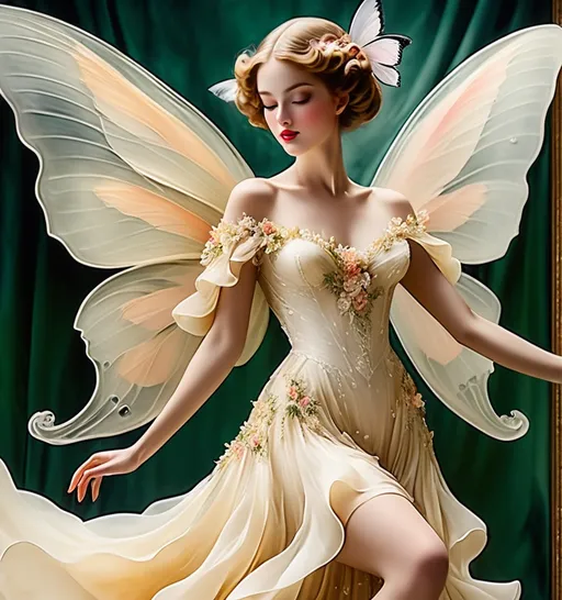 Prompt: This beautiful lady, wearing fluttering clothes, make my world go round, surreal photography in the style of Louis Icart, encaustic paint, mixed media, 3d, beautiful, best quality, highest definition, elegant, 3/4 upper body shoot 
