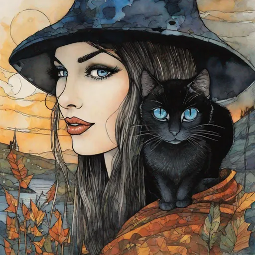 Prompt: A lovely witch with pretty face and beautiful eyes and her black cat art by Sam Toft, Deborah Azzopardi, Marc Allante, Axel Scheffler, Charles Robinson, pol Ledent, endre penovac, Gustave Loiseau. inlay, watercolors and ink, beautiful, fantastic view, extremely detailed, intricate, best quality, highest definition, rich colours. intricate beautiful, award winning fantastic view ultra detailed, 3D high definition