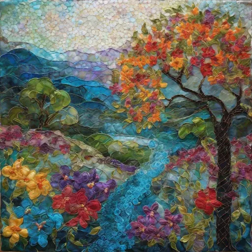 Prompt: In the tapestry of life, every thread matters. Here, death and nature entwine in a vibrant dance of existence. Each stitch a reminder of the beauty that blooms in the presence of the inevitable, a celebration of the cycle that nurtures us all, wisterias dreams decoupage, encaustic painting 