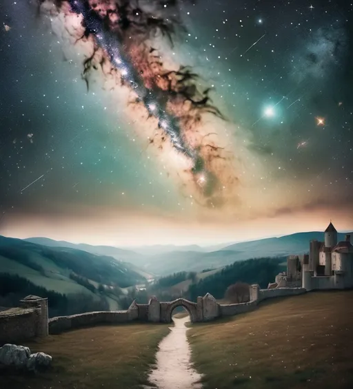 Prompt: Experiment with astrophotography techniques to capture the night sky, stars, and celestial objects, The Neverending Story, in a breathtaking medieval grunge composition