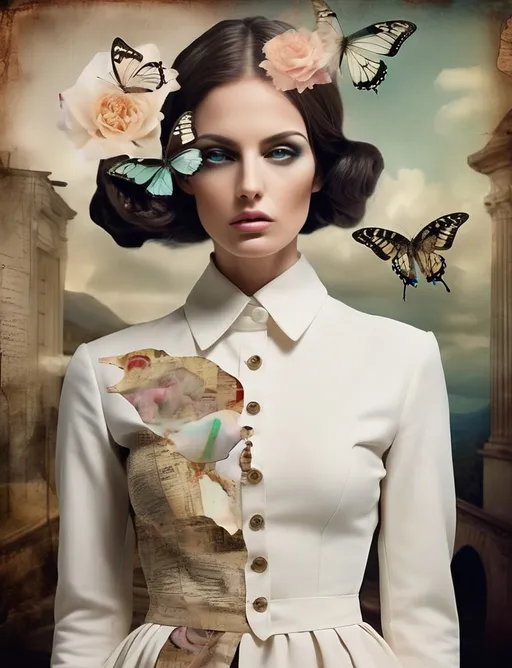 Prompt: A beautiful woman with complicated thoughts in in style of Rocio Montoya. a image that converges photography with art and fashion to create surreal and experimental dream that investigates and documents the transient nature of humans and occurrences through aesthetic manipulations encapsulating them in haunting yet elegant mannerisms.collage, mixed media and photography